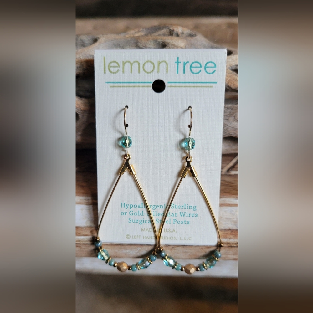 Earrings, hand Crafted Gold Teardrop Wire Wrapped w/Turquoise and gold Beads.